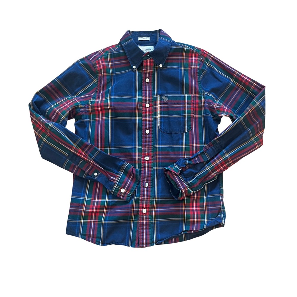 Abercrombie & Fitch Men Muscle Fit Plaid Button Down Shirt Navy Red Green Medium